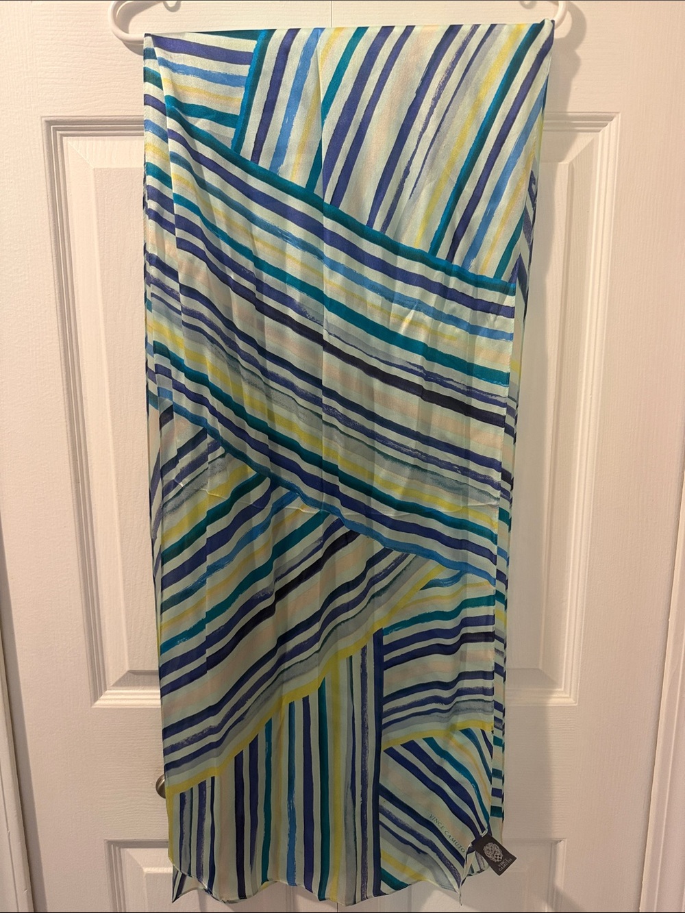Vince Camuto Blue, Aqua and Yellow Stripped Silk Scarf